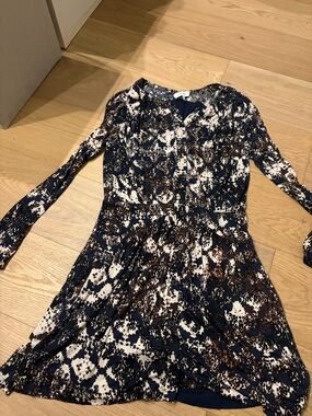 Reiss Navy, White and Brown Printed Long Sleeve Dress